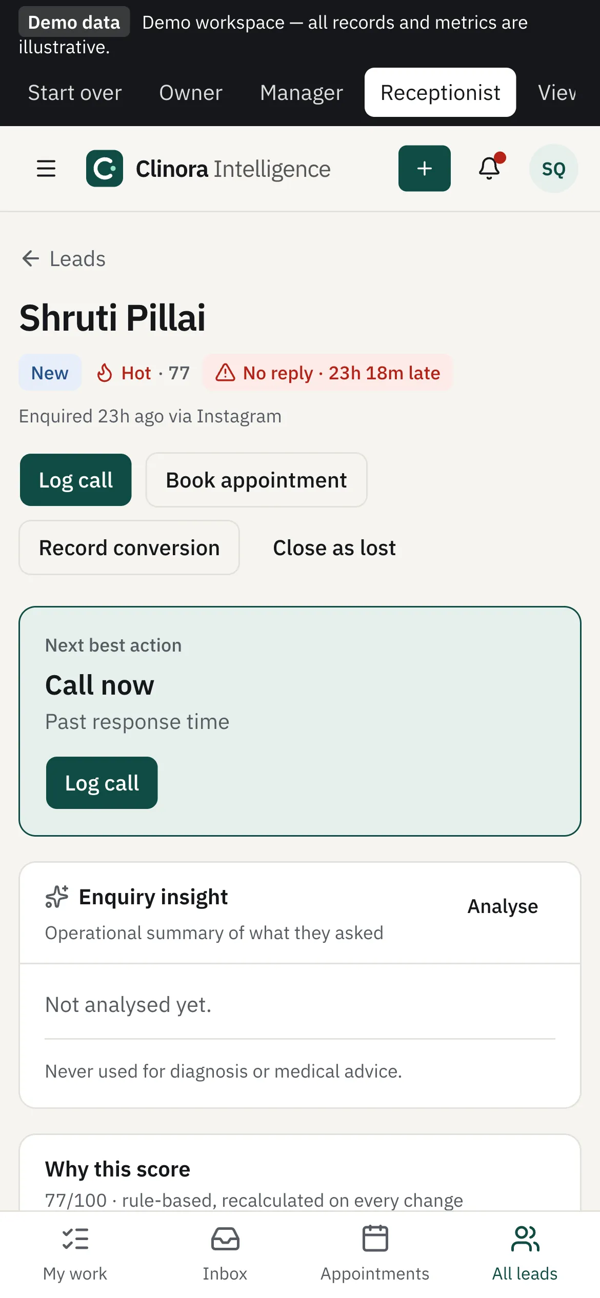 Lead on a phone: The next best action and the actions that close it, first on the screen.