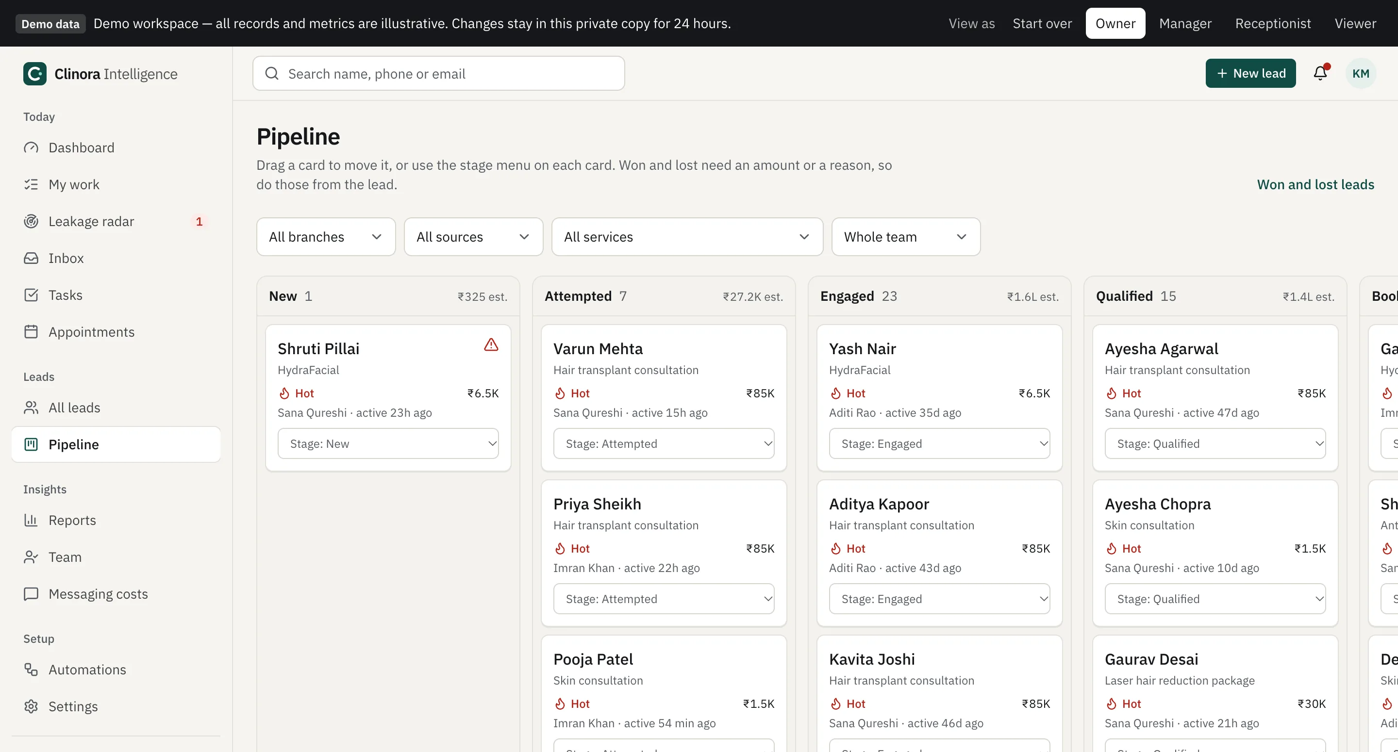 Pipeline: Every open lead by stage, with its owner, score and estimated value.